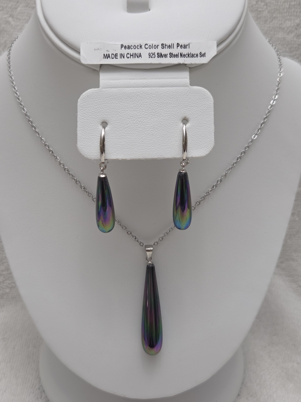 Peacock Color Shell Pearl Drop Earrings and Pendant Necklace